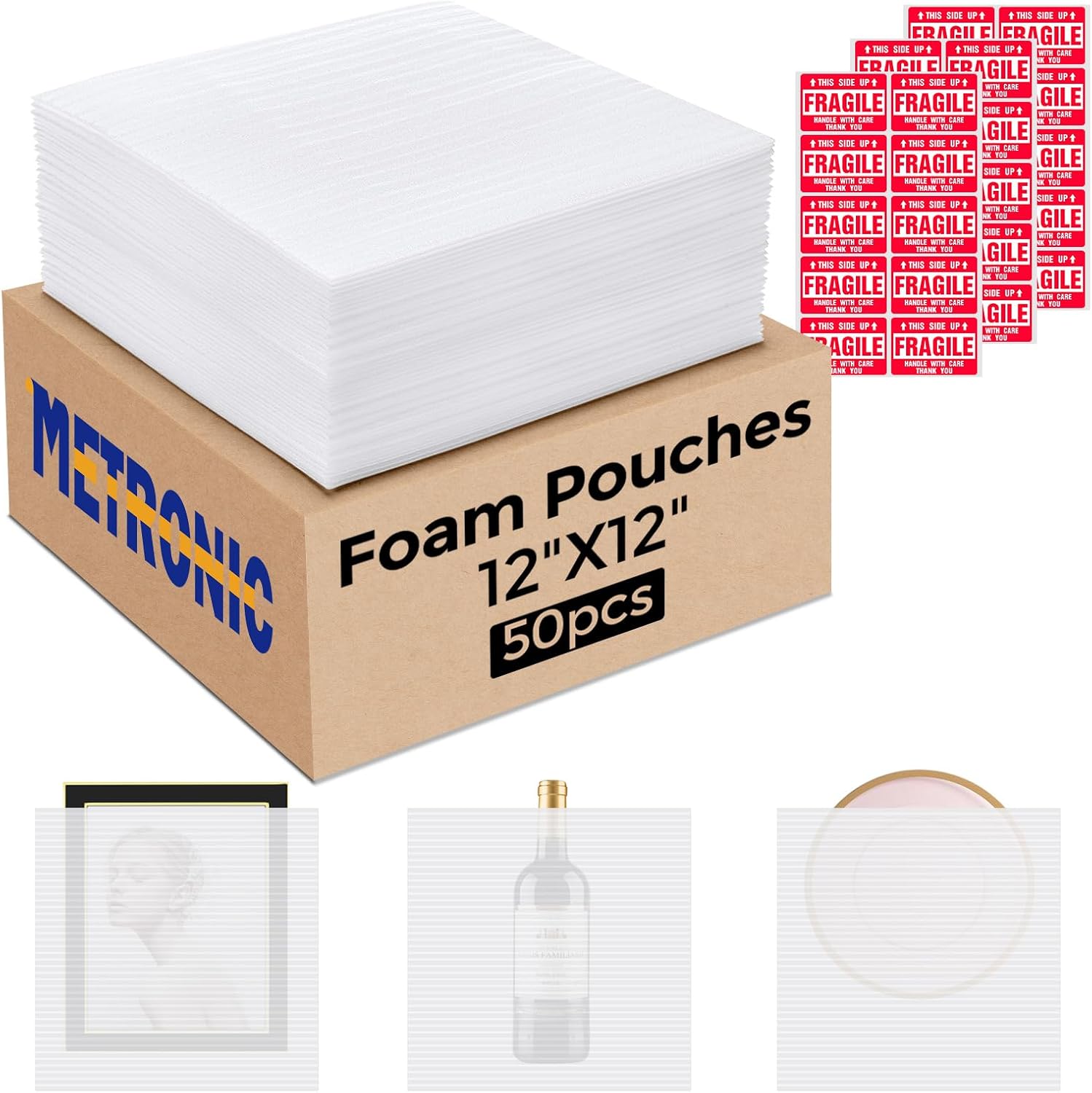 Metronic 12x12 50pcs Foam Pouches Cushioning Moving Supplies,Foam Wrap Cushioning Material,Packing Supplies for Storage and Shipping,Protect Mug, Cup, Glasses, China, and Dishes