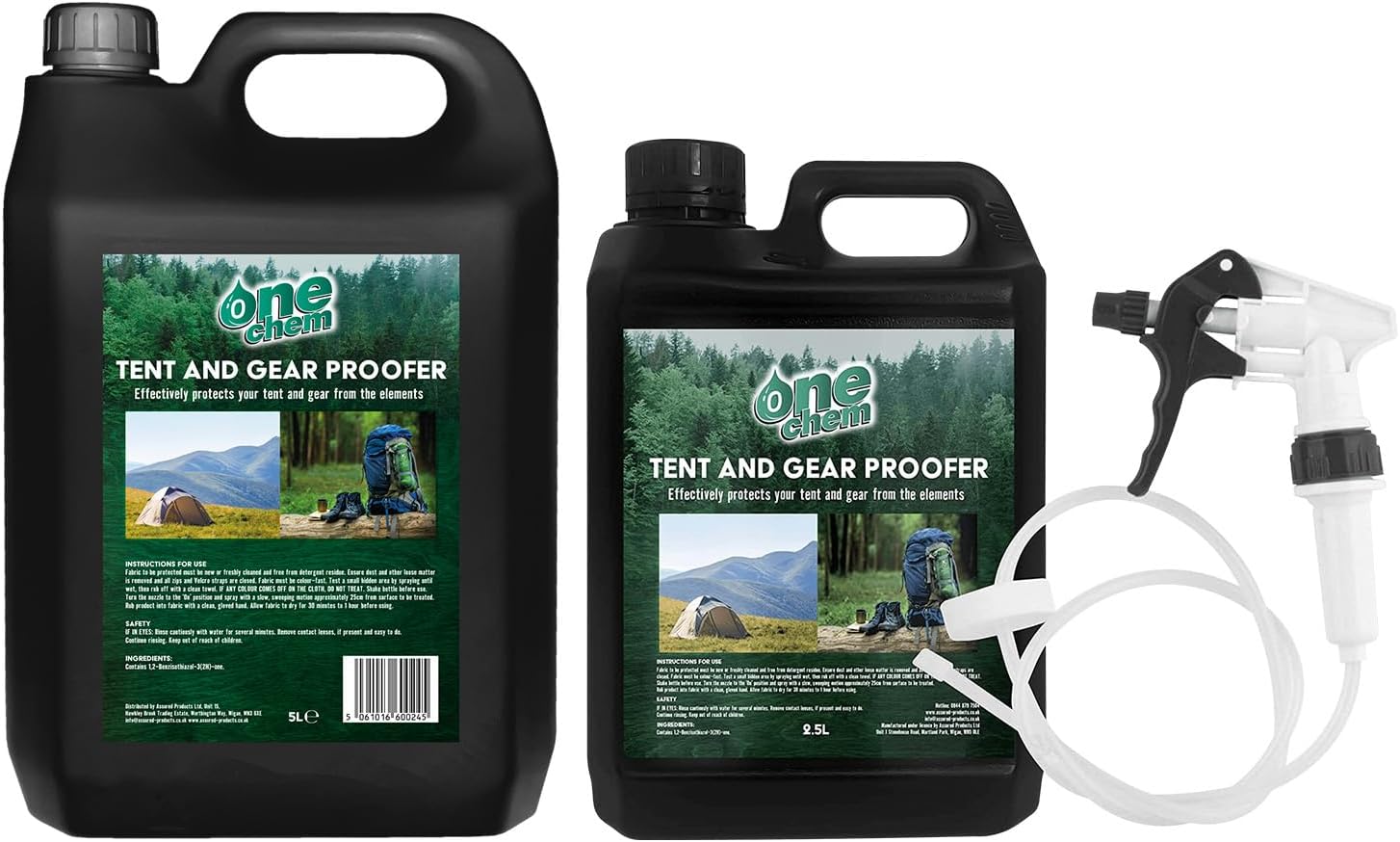One Chem Tent and Gear Waterproof 2.5L + 5L Refill with Long Hose Trigger, Effectively Protects Tents and Gear From The Elements