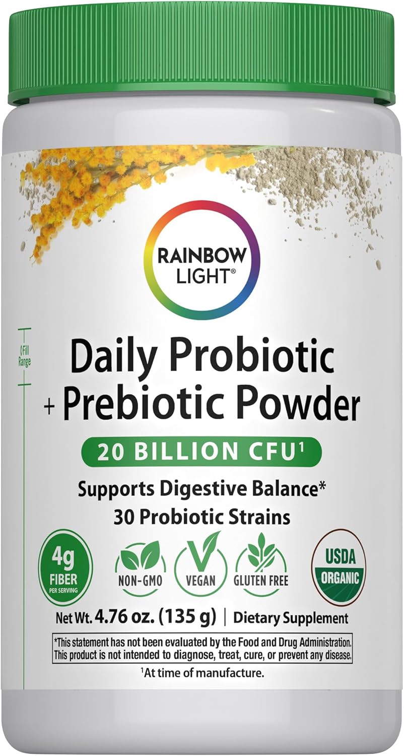 Rainbow Light Daily Probiotic & Prebiotic Powder 20 Billion CFU | 30 Probiotic Strains & Organic Prebiotic Fiber | for Men and Women | Supports Digestive Balance | 4.76 oz