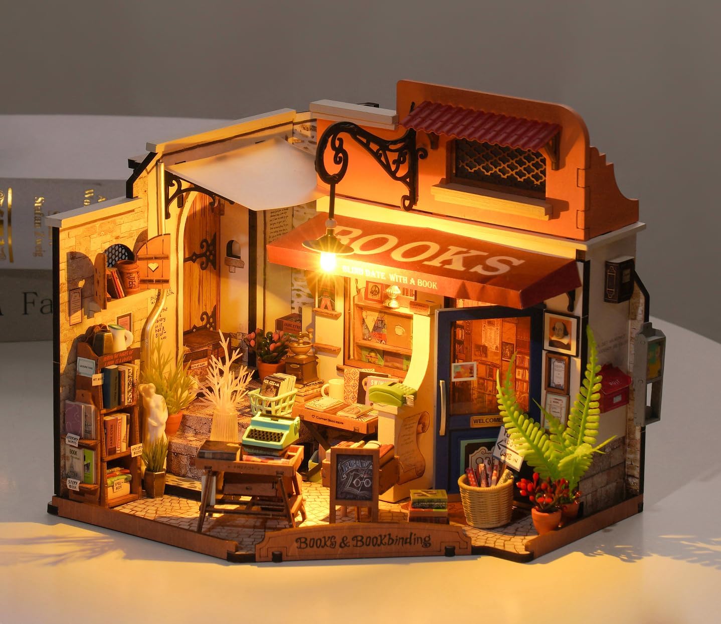 ROBOTIME DIY Miniature House Kit Corner Bookstore, Wooden Dollhouse Model Building Kit with LED for Adults and Children, Birthday Gift