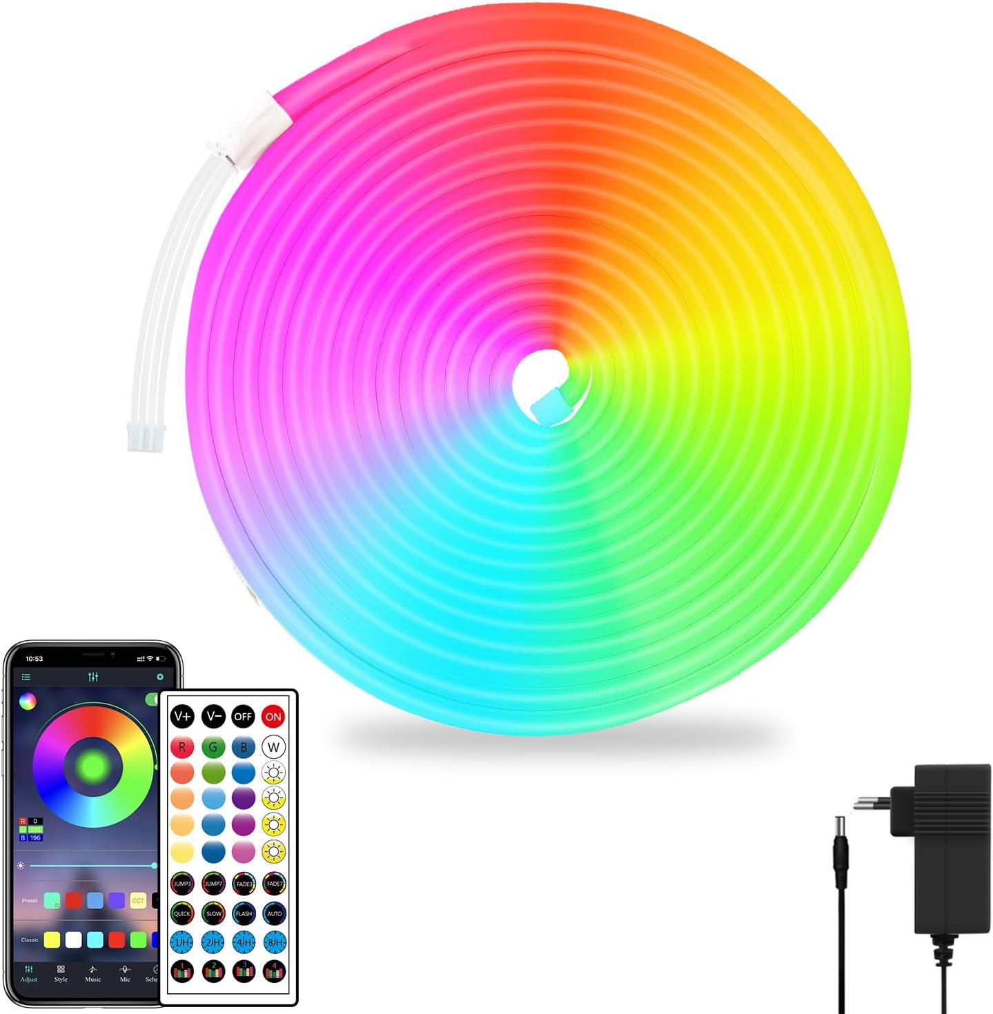 segrass 24V 5M LED Strip Remote/APP Control | RGB LED Rope Light IP65 Waterproof Flexible Neon LED Strip Lights for Bedroom, Room, Outdoors Decor