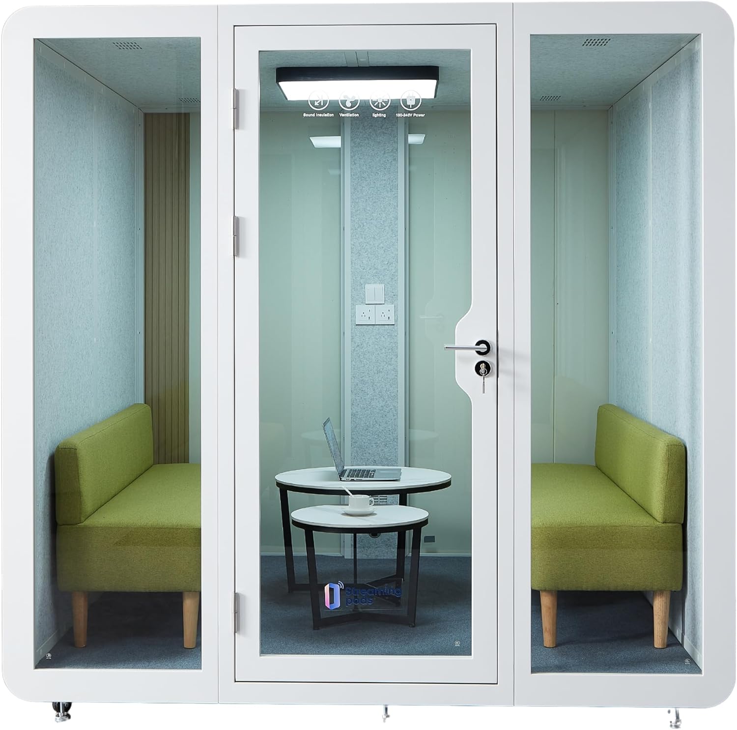 GEARONIC Mobile Office Pod Booth, Extra Large Space Sound Proof Office Pod for 8 People, Sound Booth with Mobile Roller, LED Lighting System, Fans and AC USB Ports