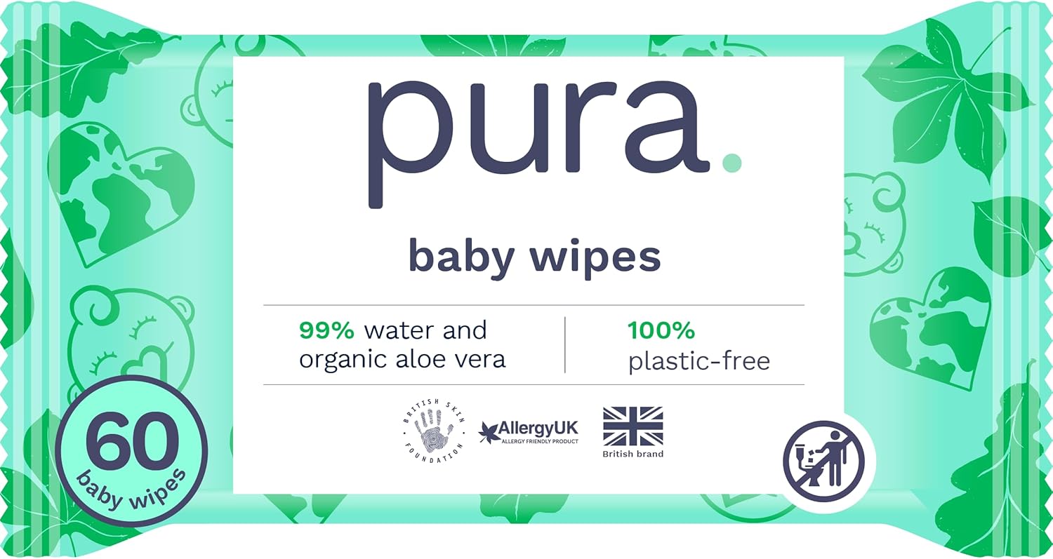 Pura Eco Friendly Baby Wipes, 99% Water, 100% Plastic Free, Biodegradable, Compostable, Vegan, Suitable for Sensitive, Eczema Prone and Newborn Skin, Vegan, 1 Pack of 60 Water Based Wet Wipes