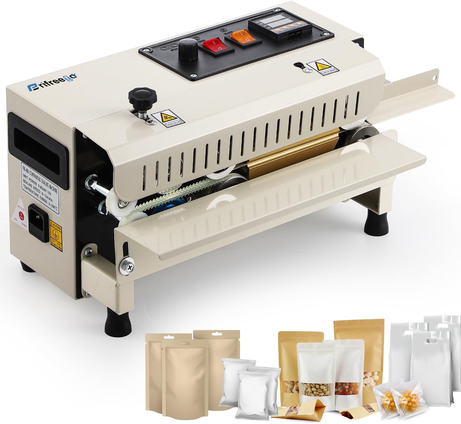 Commercial Heat Sealer Machine, Automatic Continuous Band Sealer, Temp&Speed Adjustable, Horizontal Bag Sealing Machine for Plastic Packing Bags, Desktop Beige