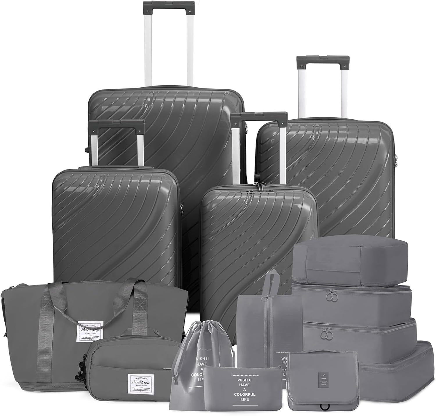 Karl home Luggage Sets of 6, PP Hardshell Suitcase Sets with 8 Packing Organization Cube, Carry on Checked Luggage with Spinner Wheels TSA Lock, Cabin Suitcase for Women Men, Dark Grey