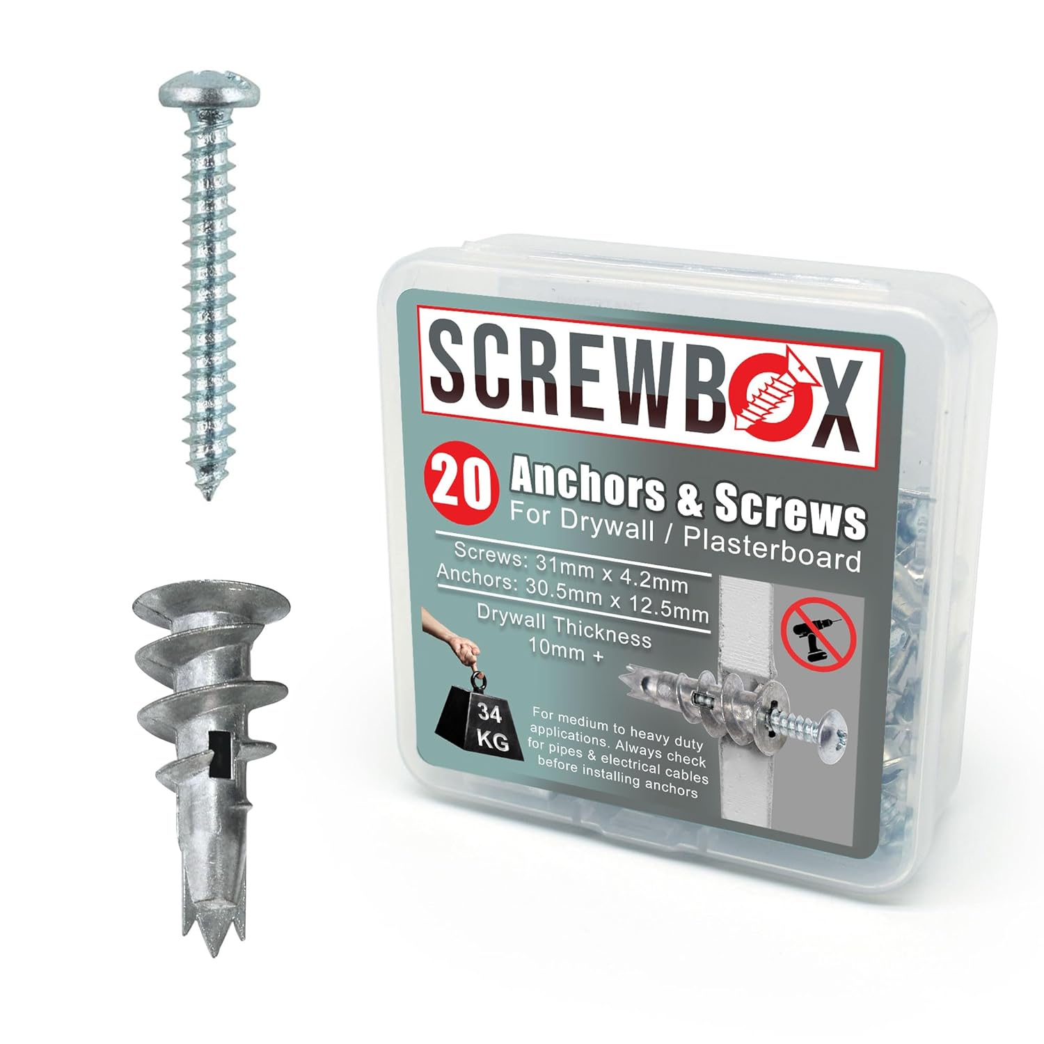 SCREWBOX® Drywall Fixings Anchor and Screws - 20-Piece Set for Heavy duty plasterboard fixings, Metal Self Drilling Screws and Wall plugs set, Plasterboard Anchors for Stronger Grip & Lasting Quality