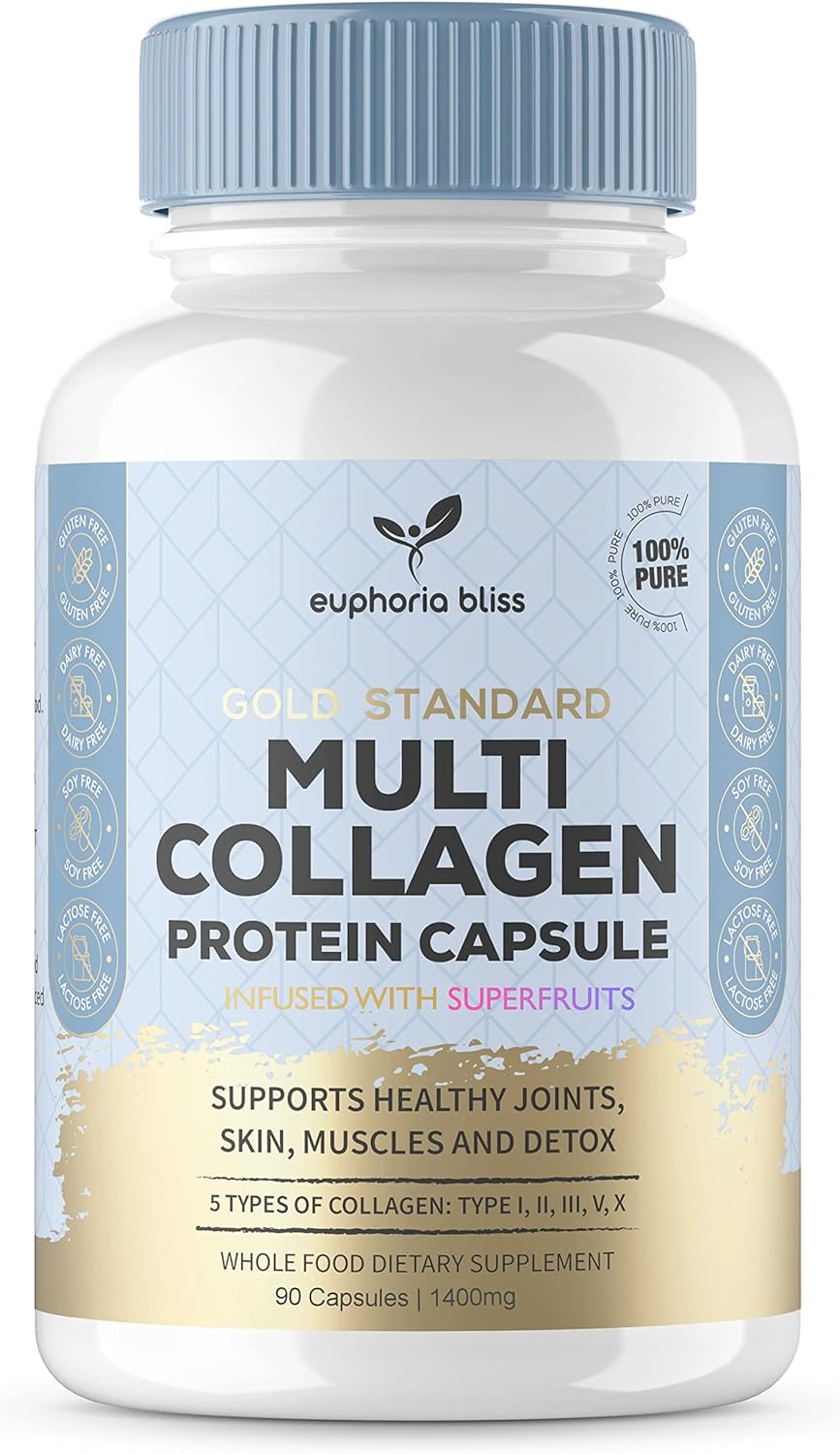 High Strength Multi Collagen 1400MG Tablets with Turmeric & Kelp, Skin, Hair, Nails & Joints, with Hyaluronic Acid, Blueberry, Biotin, Vitamin C, E, B2, B7 Minerals, Hydrolysed Type 1 90 Capsule