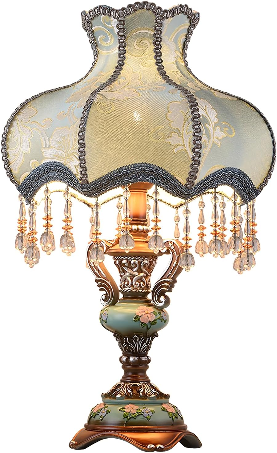 Tiffany European Table Lamps Victorian Desk Lamp American Retro Handmade Fabric Lampshade with Resin Lamp Body Bedside Nightlight Lamp for Bedroom Study Office Living Room