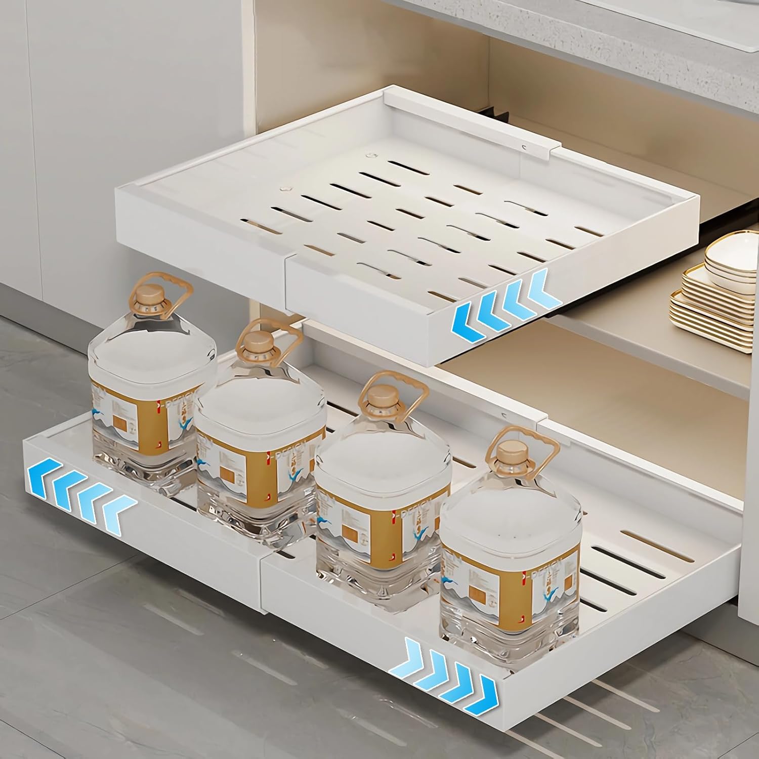 PURASKER Pull Out Kitchen Storage 1Pcs, Slide Out Drawer for Cupboard, Expandable Pull Out Cabinet Organiser, Storage Shelf with Adhesive Film and Nails (32-52CM W* 42CM D * 6CM H)