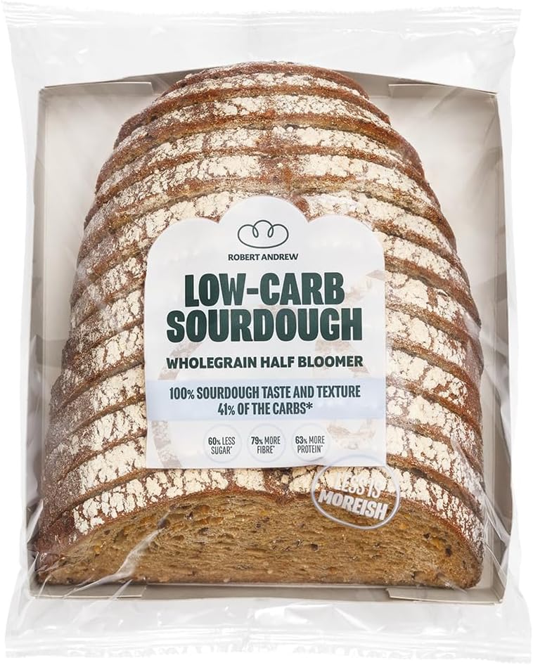 Robert Andrew Low Carb Sourdough Wholegrain Bread - 5.6g Carbs, 7g Protein, Sliced High Protein Half Bloomer, Low Calorie Keto Loaf, Low Sugar Ketogenic Diet, Diabetic Food, 88 Calories – 400g