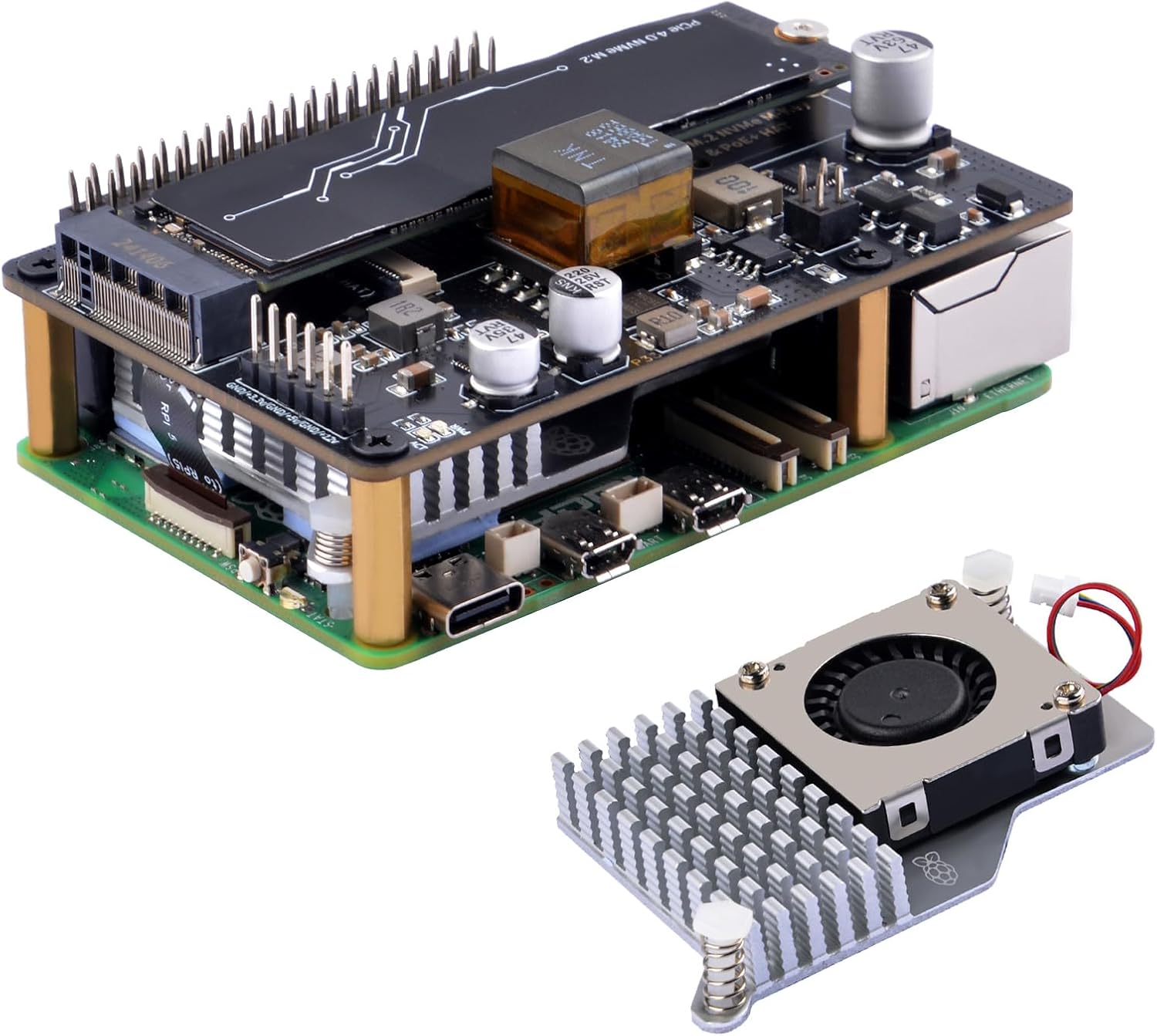 GeeekPi P33 M.2 NVME M-Key PoE+ Hat with Official Pi 5 Active Cooler for Raspberry Pi 5, Support M.2 NVMe SSDs 2230/2242/2260/2280