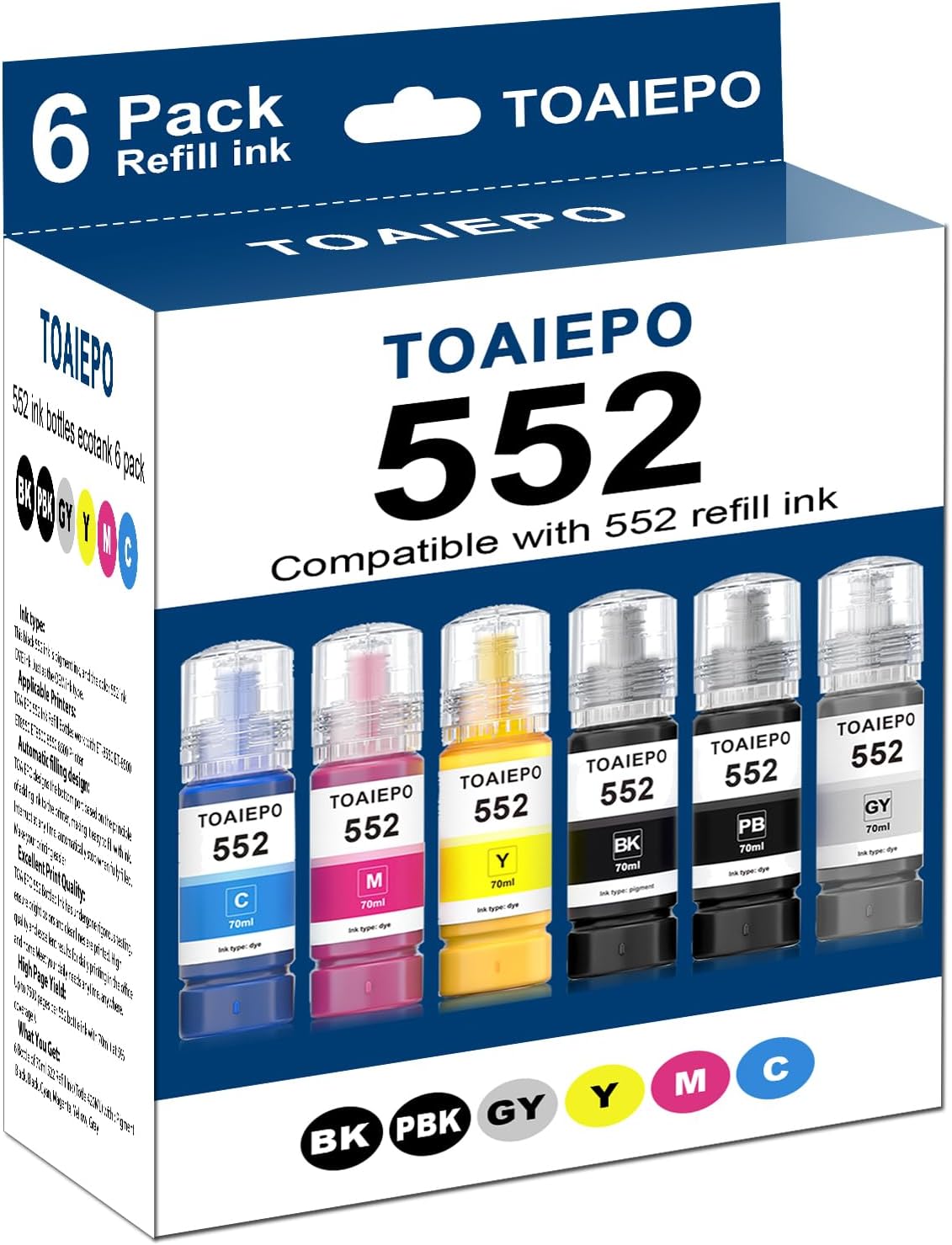 552 Ink Refill Bottles Replacement for T552 Refill Ink Bottles Work with ET-8550 ET-8500 ET8550 ET8500 8550 8500 Printer, 6 Pack (Pigment Black, Color Dye)