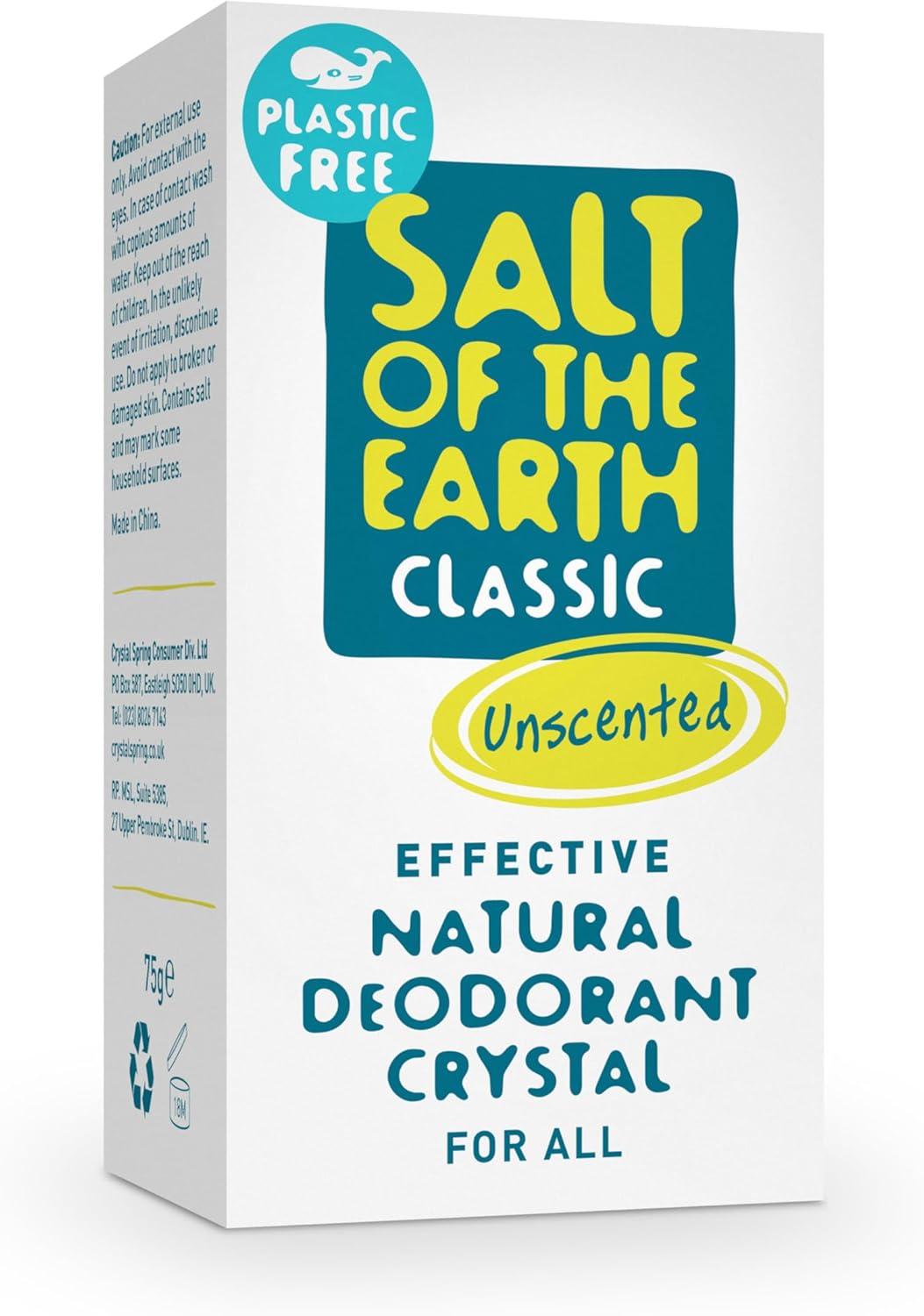 Salt of the Earth - Natural Crystal Deodorant- Plastic Free, Fragrance Free, Vegan, Leaping Bunny Approved - 100% Natural Origin Ingredients - Suitable for Women, Men, and Kids - Unscented - 75g