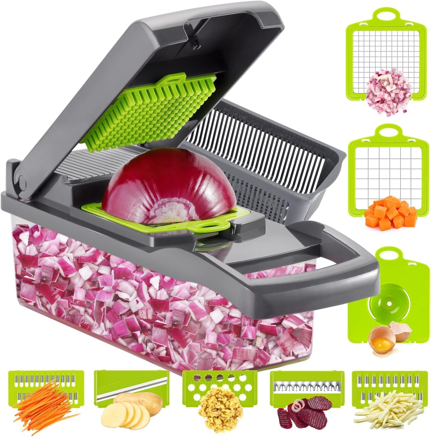Ourokhome Vegetable Chopper Slicer Dicer - 12-in-1 Fruits Cutter Mandoline Slicer Food Chopper/Cutter with 7 Stainless Steel Blades, Adjustable Dicer with Storage Container