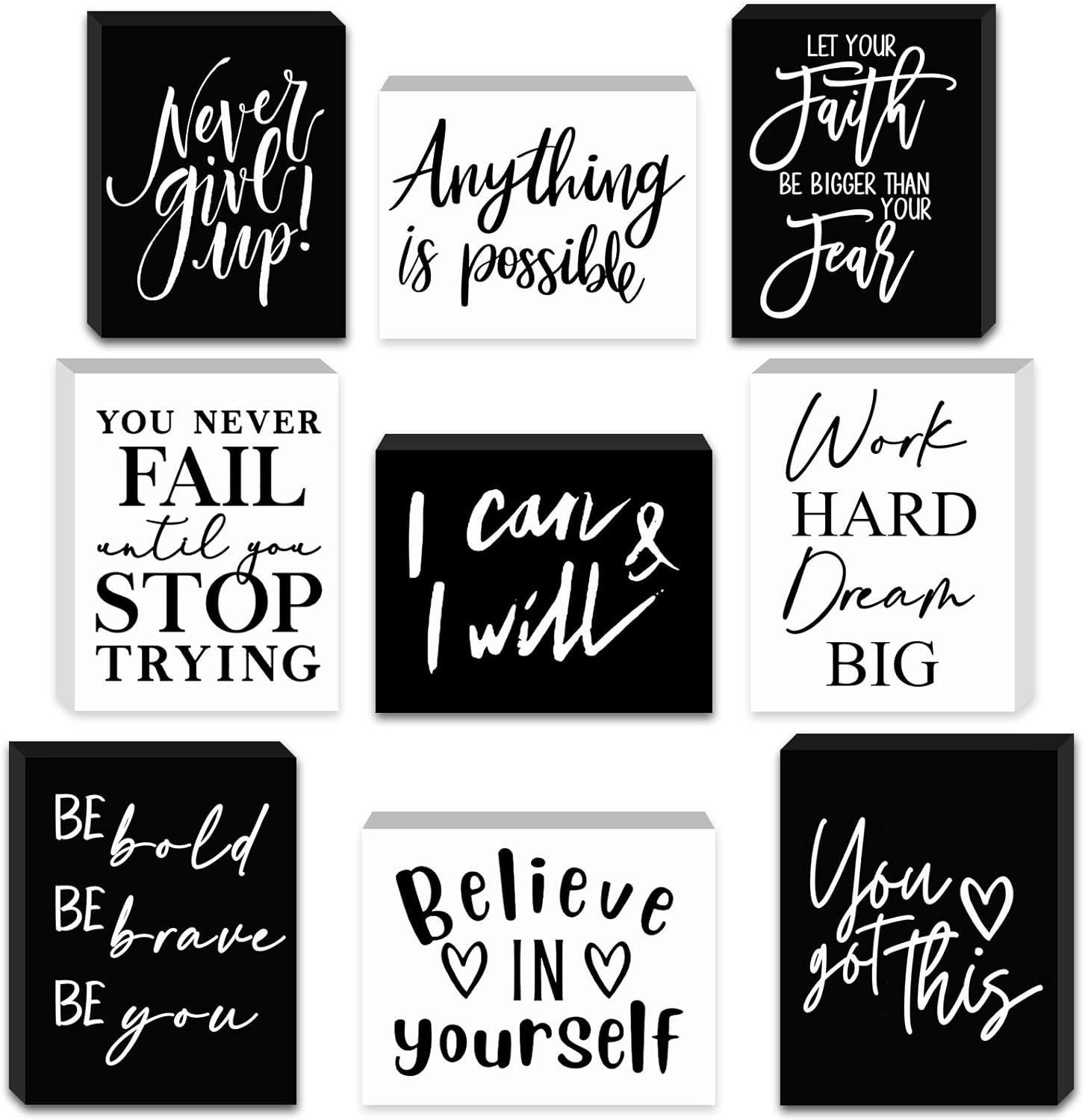 Yulejo 9 Pcs Mini Inspirational Wooden Signs Office Desk Decor Valentines Day Gifts Positive Motivational Quotes Table Decor Bathroom Shelf Cheer up