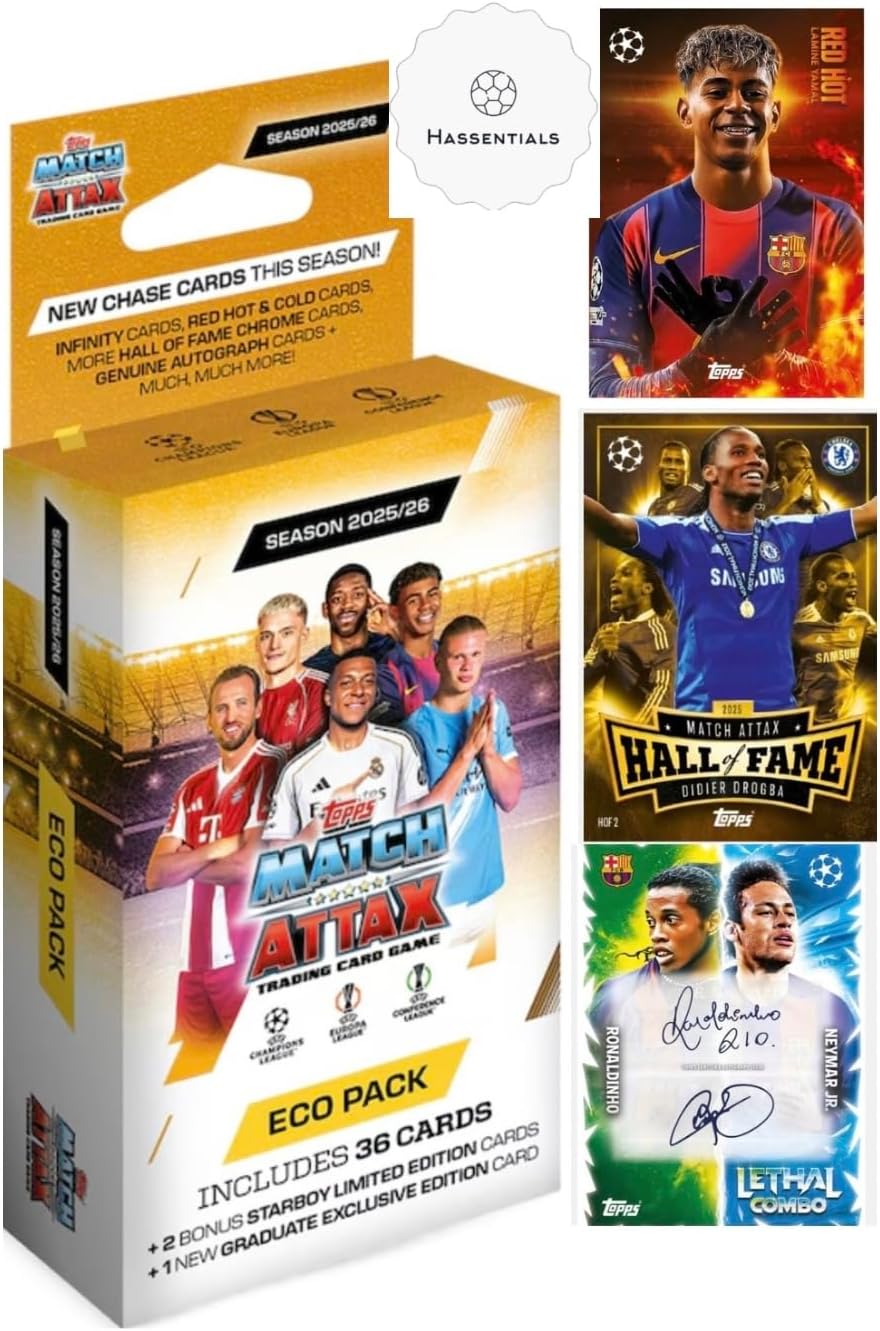 Match Attax Eco Pack 25/26 Contains 36 Match Attax Cards + 2 Random Star Boy LE's + a Random Graduates LE Card + Bundle with Hassentials Sticker 2026 Soccer Cards LE