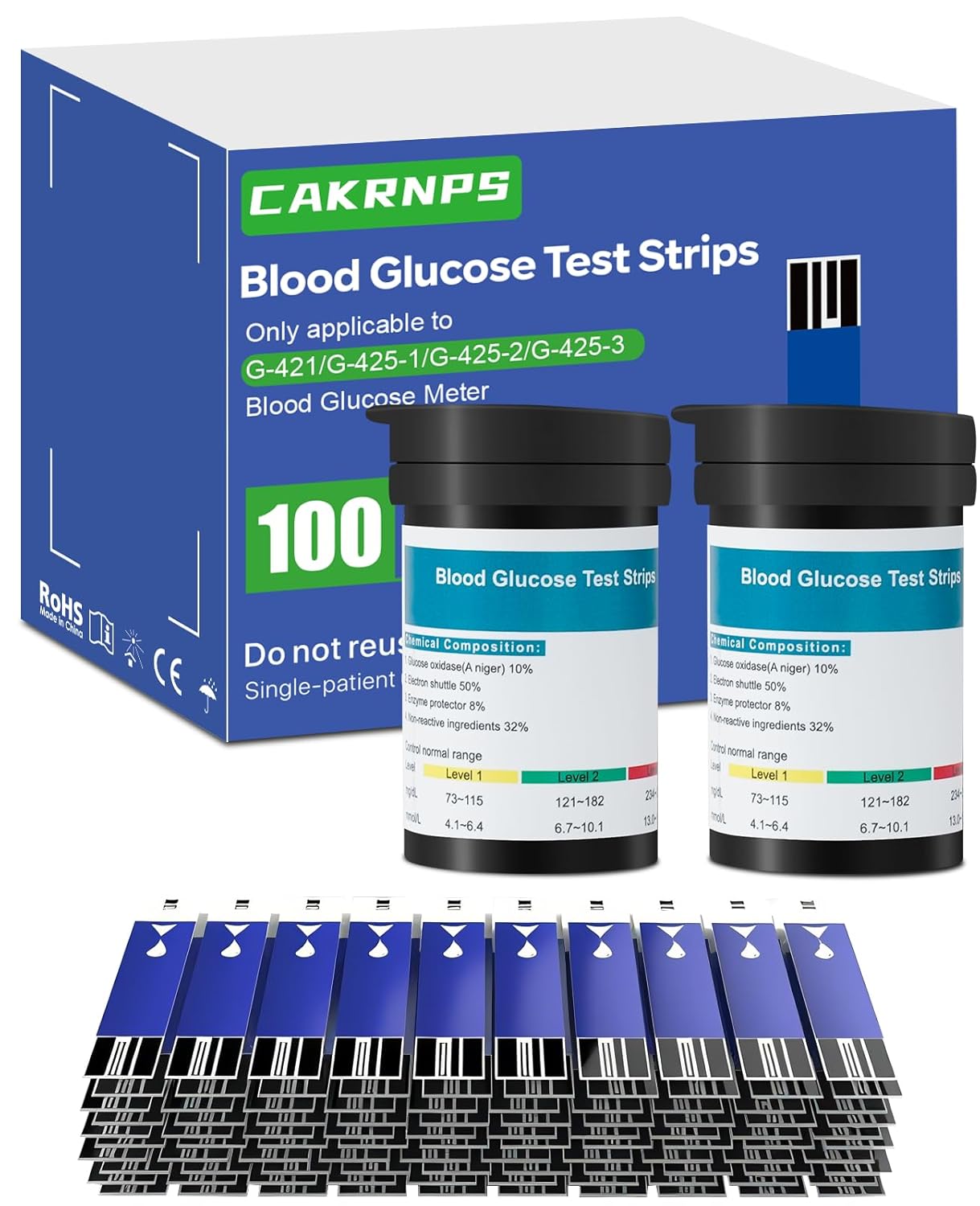 Blood Glucose Test Strips for Diabetic Blood Sugar Testing, 100 Counts Test Strips for Diabetes, Only Work with CAKRNPS Blood Sugar Monitor
