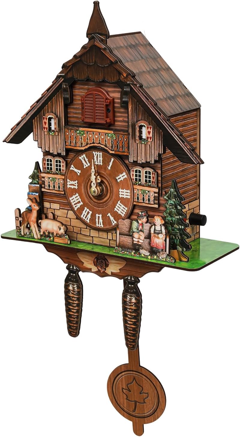 TkkMivcOC Cuckoo Clock, Traditional Black Forest Cuckoo Sound Clock with Working Bird & Chimer Pendulum, Battery Powered, Bird House Hanging Wall Clocks for Home Living Room Office Decoration