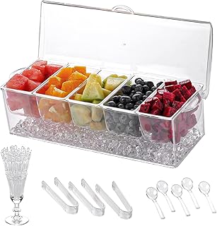 Chilled Condiment Server | Clear Icy Condiment Bar | Chilled Condiment Tray with Lid and 5 Removable Compartments