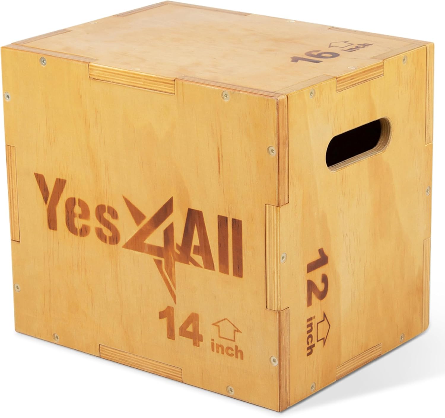 Yes4All Plyo Box, 3-in-1 Wooden Box Jumps for Home Gym (12/14/16 in), 450 lbs Boxes Step Up with Smooth Edges & Wide Built-in Handles for Jumping, Strength Training, Lunges, Squats, Dips