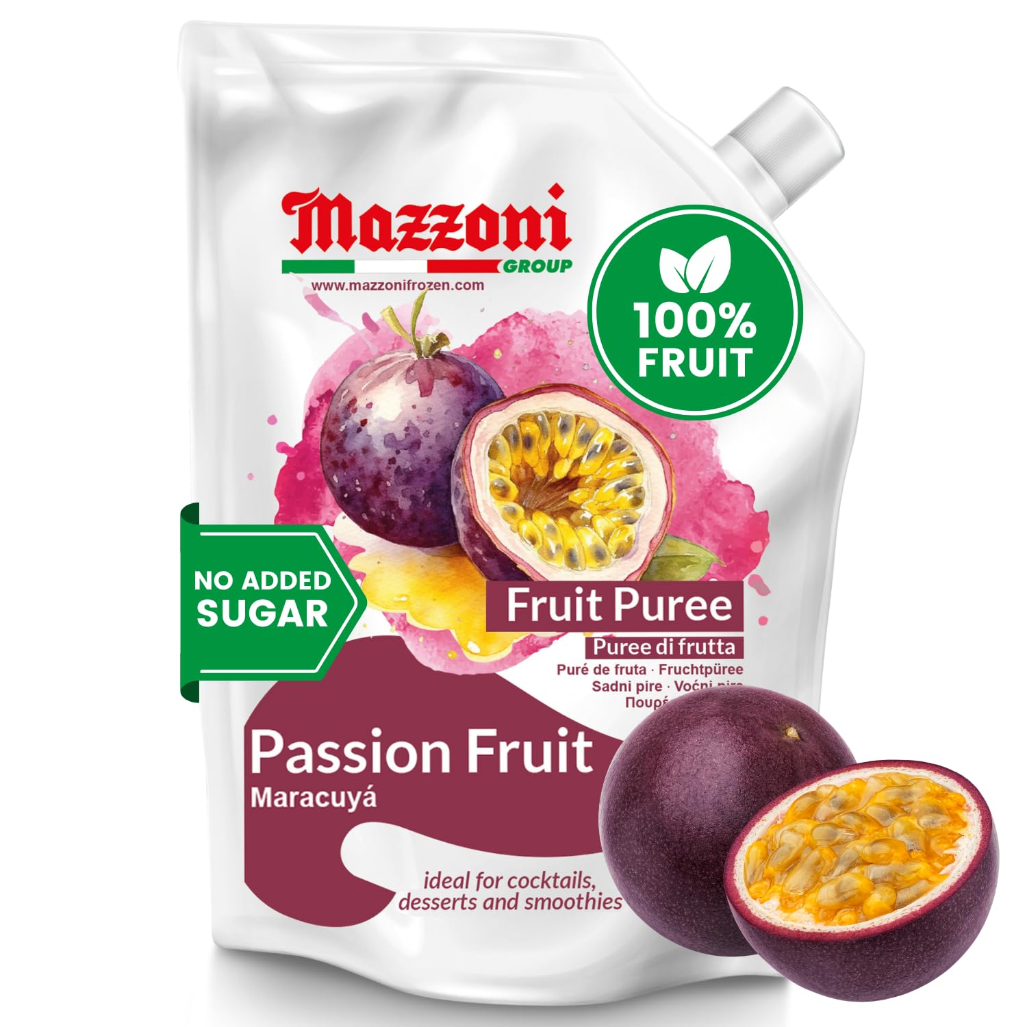Mazzoni Passion Fruit Juice Puree, 100% Pure Passion Fruit, Maracuya, Just Fruit, No Sugar Added, 2.2 lbs (35.2 oz) Real Fruit Mixer for Cocktails, Smoothies, Drinks, Fruit Juice, Convenient Pouch, Made in Italy