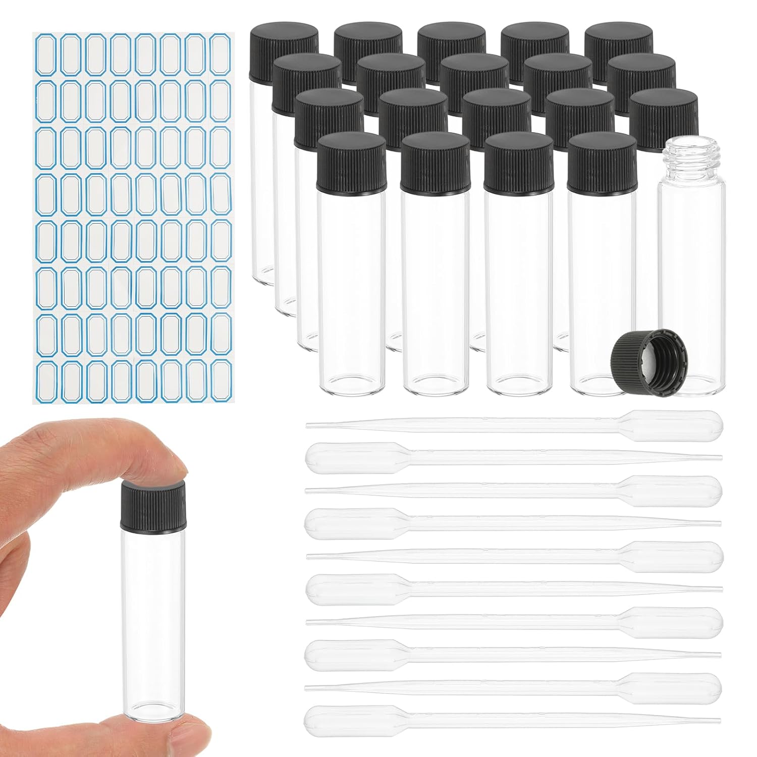 YOKIVE 20Pcs Glass Sample Vials, 12ml Clear Liquid Sample Vials Leak-Proof Storage Glass Bottles with Screw Caps Labels Droppers, Great for Lab, Essential Oil, Reagent (Clear)