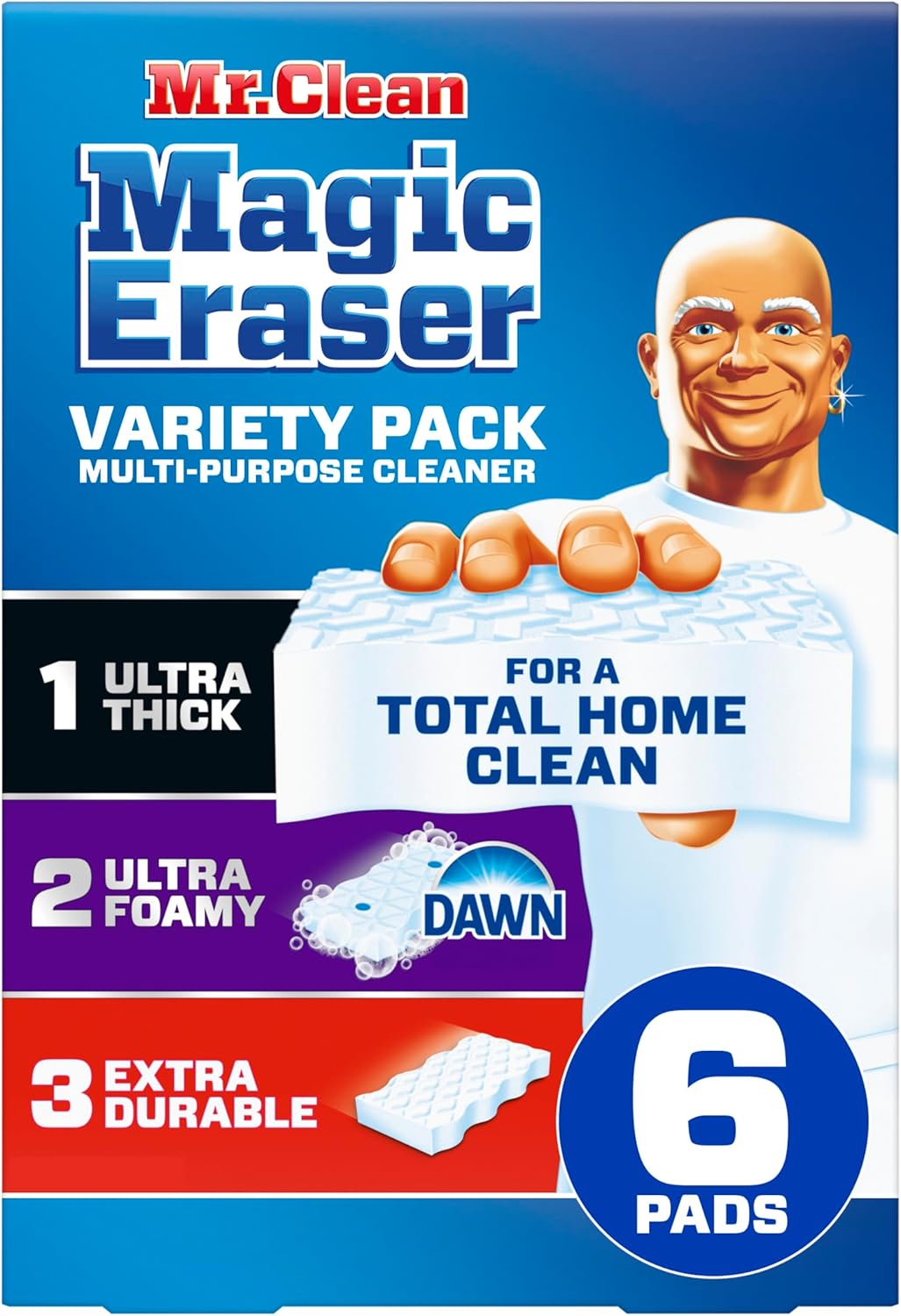 Mr. Clean Magic Eraser Sponge, All Purpose Cleaner, Cleaning Scrubber, Kitchen, Bathroom, Shower, Oven, Cleaning Supplies, Variety Pack with 1 Ultra Thick, 2 Ultra Foamy, & 3 Extra Durable, 6ct