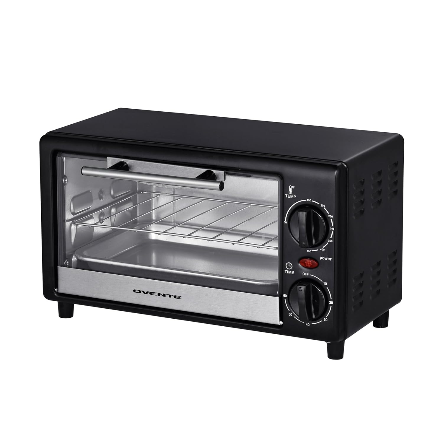 OVENTE 8L Countertop Toaster Oven with 60-Minute Timer, Adjustable Temperature Control, Easy-to-Clean Baking Pan, 750W Compact Mini for Pizza, Toast, Bake, and Broil, Black TO2808B