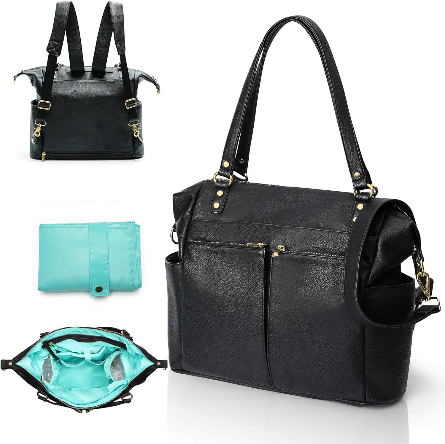 Changing Bag Backpack by Miss Fong, Leather Changing Bag Nappy Waterproof Large Capacity Baby Travel for Mom & Dad with 6 Insulated Pockets, USB Port, Pram Clips and Changing Mat- Black