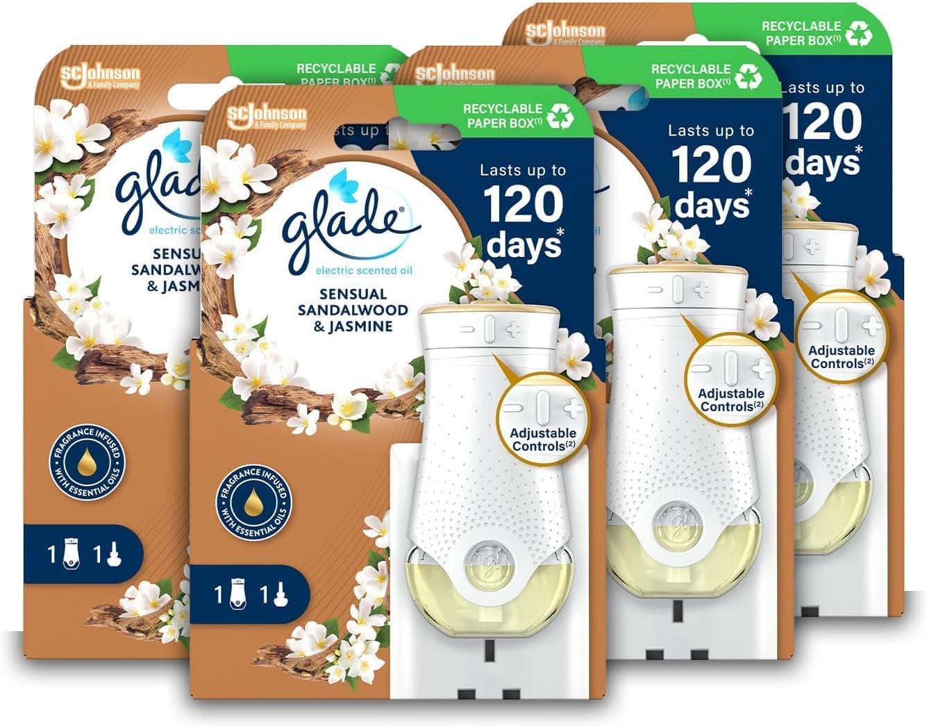 Glade Plug in Air Freshener Holder and Refill, Electric Scented Oil Room Air Freshener, Sandalwood & Jasmine, Pack of 4 Starter Kits, (4 x Holder and 4 x 20 ml Refill)