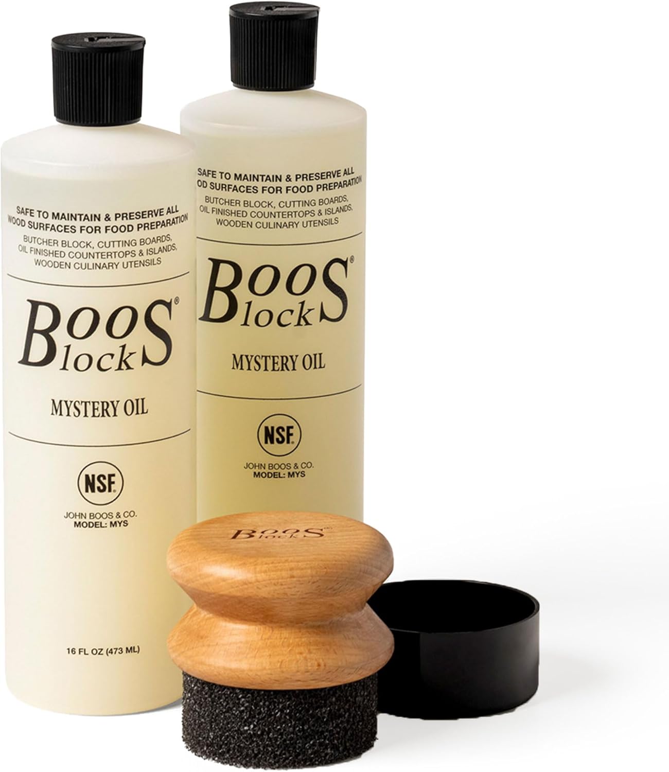 John Boos 3-Piece Care Set, 2-Pack 16 oz Mystery Oil & Round Beechwood Applicator - All-Natural Maintenance Formula for Butcher Blocks, Cutting Boards, Wooden Countertops & Wood Utensils