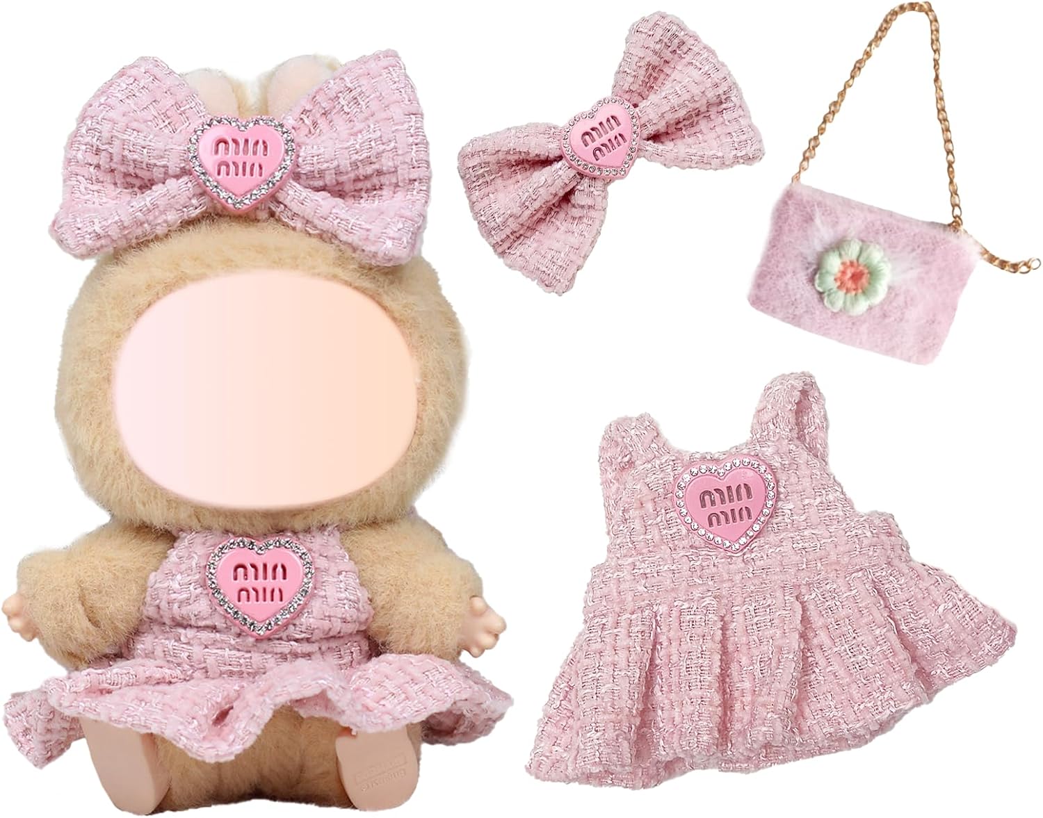 3 Pcs Doll Clothes Compatible with Labubu 17cm Plush Dolls, Light Pink Set Include 1 Halter Dress 1 Bow Hair Clip 1 Handbag for Dolls Premium Outfit, Birthday Holiday Present for Girls Kids（No Doll）