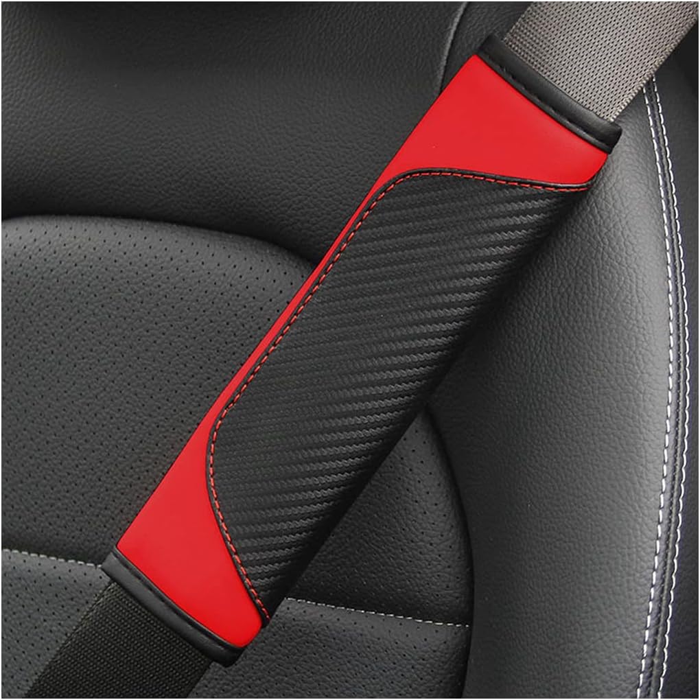 JNNJ 2PCS Car Seat Belt Cover, Carbon Fiber Safety Seatbelt Shoulder Strap Covers, Breathable Leather Soft Harness Pad Protect Your Neck and Shoulder Compatible with Cars(Red)