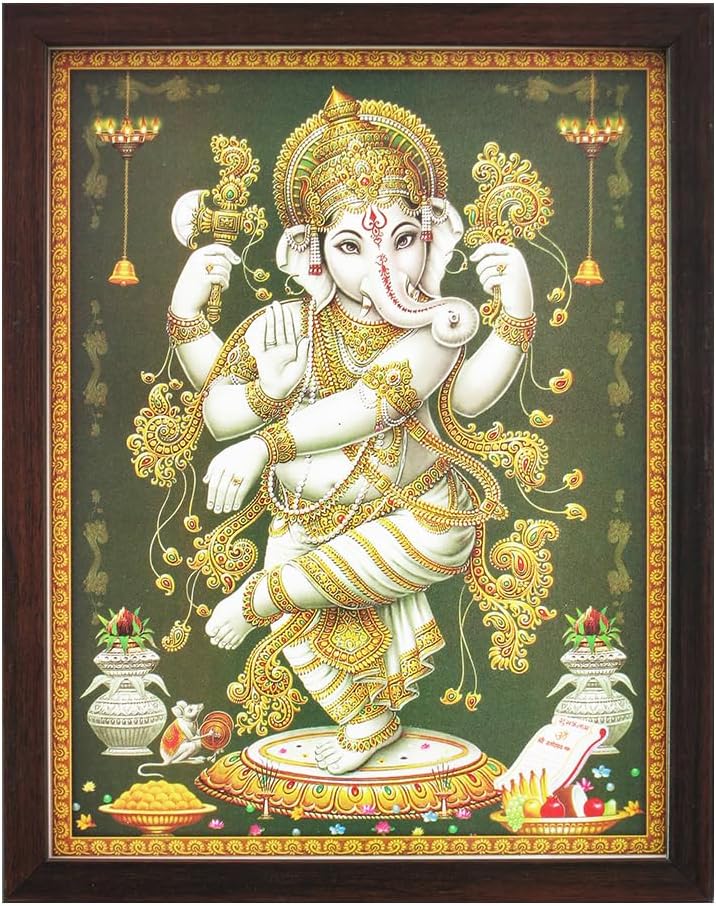 SANVIKA Ganesha Wall Decor, Standing Ganesha Wall Decor For Living Room, Indian God Wall Decor, Hindu God Photos With Frames For Home/Office, Hindu God Posters For Gifting (12" x 9")