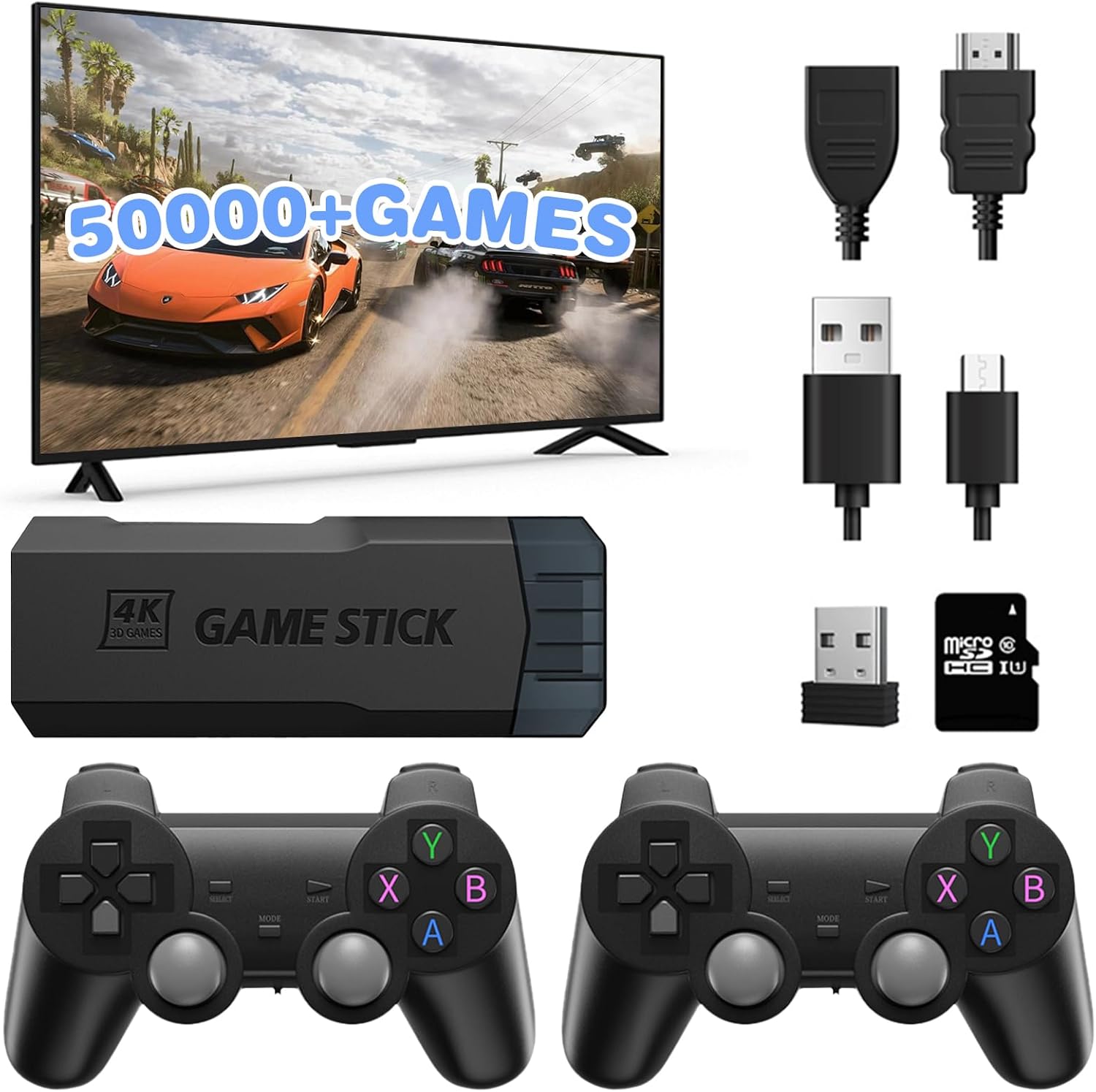 Retro Games Console With Dual 2.4g Wireless Controllers, Built-In Card 50000+ Games Game Stick , Plug And Play Retro Game Stick Support 40+ Simulators, 4K HD Output For TV-128G