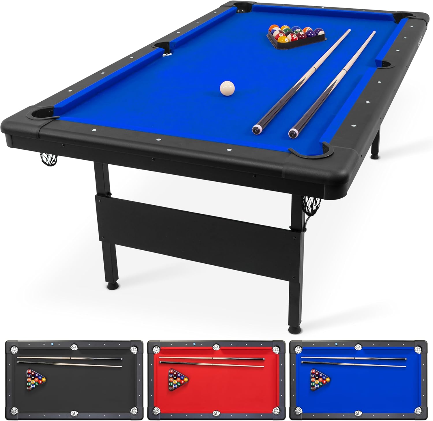 GoSports 6, 7, or 8 ft Billiards Tables - No Assembly, Choose Your Color - Portable Pool Table Includes Full Set of Balls, 2 Cue Sticks, Chalk and Felt Brush
