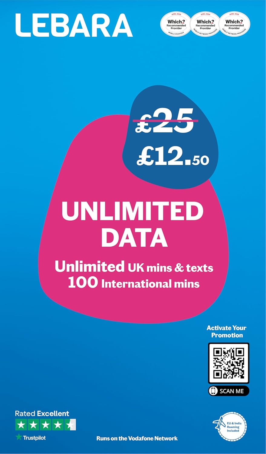 Lebara Mobile SIM Card: Unlimited Data Plan for £12.50, Half Price for First 3 Months, No Contract, UK Calls, Texts, International Minutes, EU and India Roaming Included, Fits All Devices