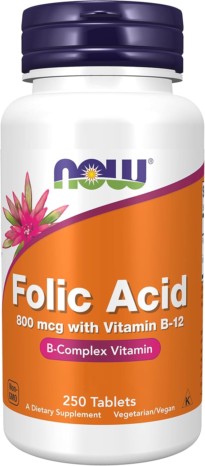 Now Foods, Folic Acid, 800mcg, 250 Vegan Tablets, Lab-Tested, High Dose, Vitamin B12, Gluten Free, SOYA Free, Vegetarian
