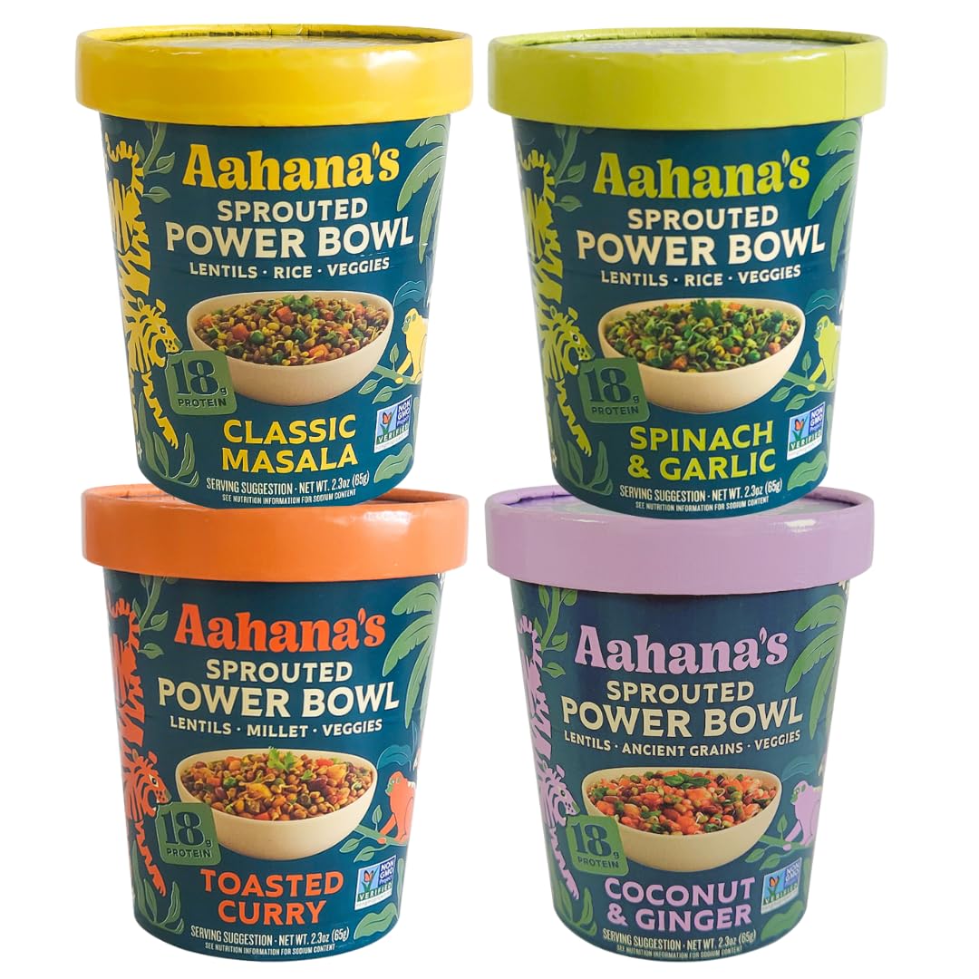 Aahana's Sprouted Power Bowls - Lentiils Ready to Eat | Vegan, Gluten-Free, Plant-Based Food | High Protein - Ready Meals - No Refrigeration | Microwave or Just Add Water Meals - Kosher - Indian Food (4 Pack)