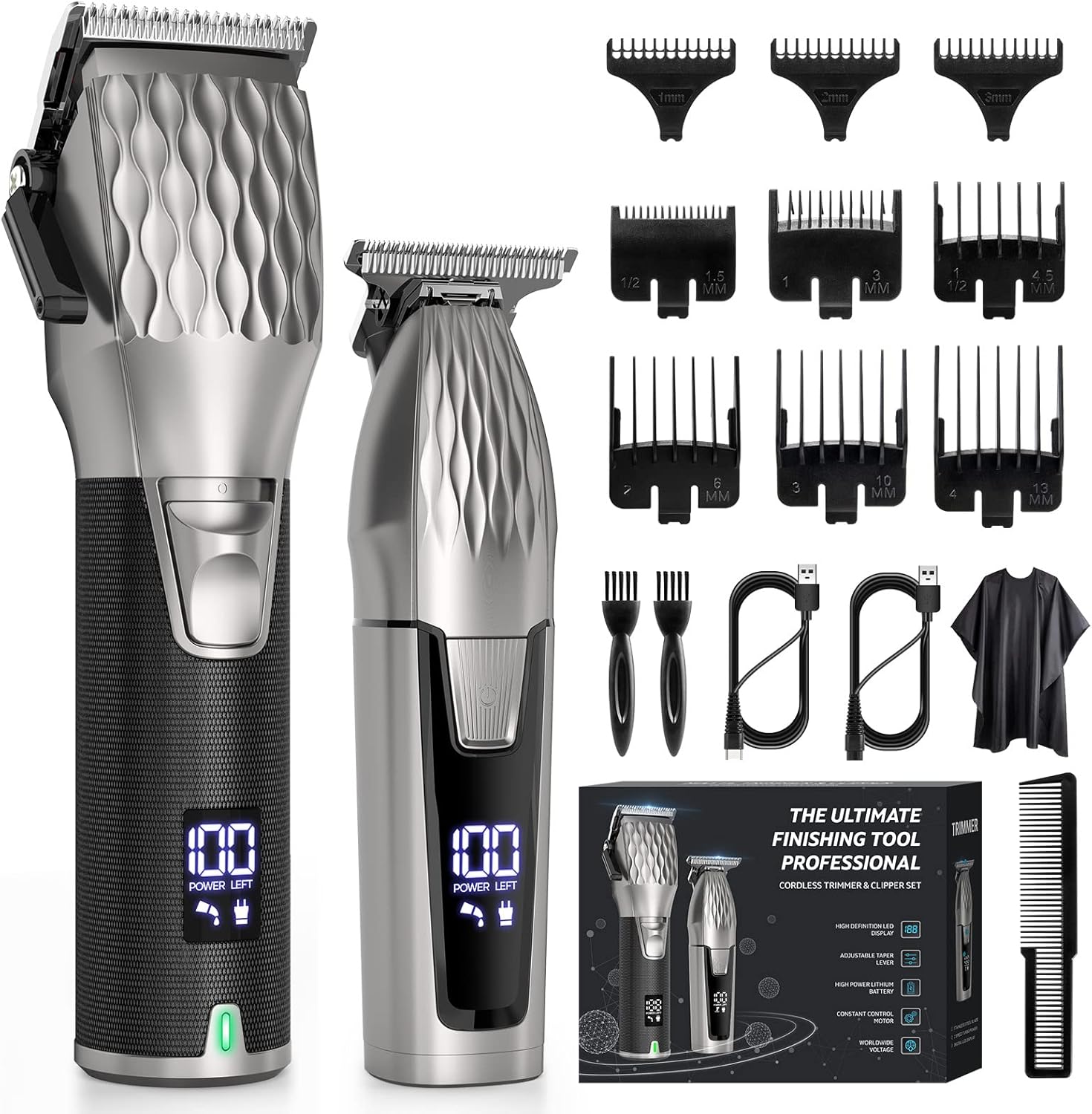 Professional Hair Clippers for Men, Professional Barber Clippers and Trimmer Set, Cordless Beard Trimmer Haircut Grooming Kit Gift for Men Women Kids Grey