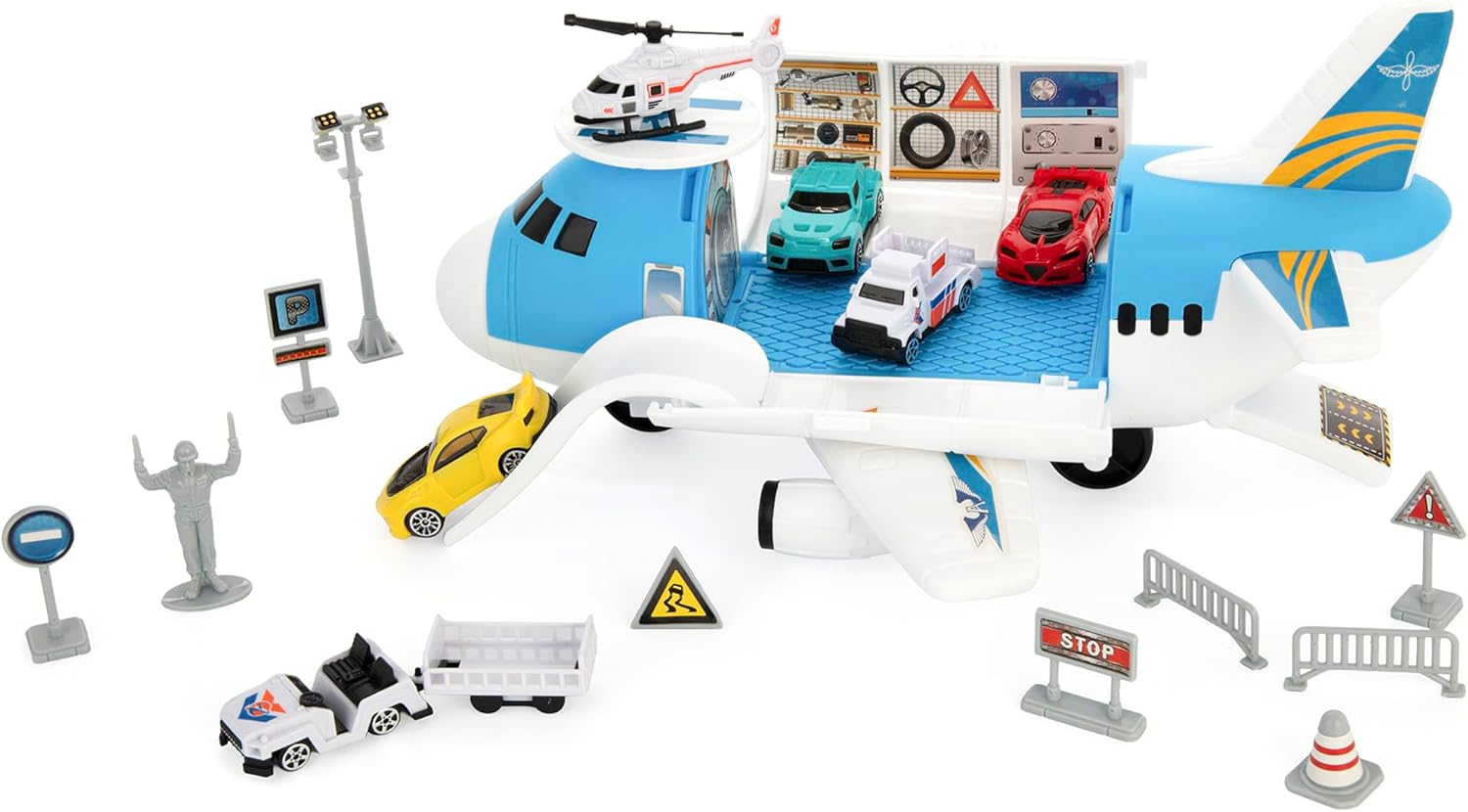 Teamsterz Metro City Aeroplane Transporter Playset | Cargo Plane Toy with Car Storage, Launch Ramp & 16 Accessories | Includes Toy Cars & Helicopter | Vehicle Playset for Kids Ages 3+