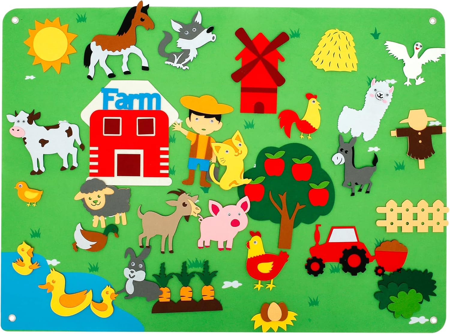 3.5Ft Children's Teaching Felt Board, Farm Animals Fuzzy Felt Story Board Set, Early Learning Interactive Play Set Zoo Flannel Board Educational Hanging Toys for Kids Toddlers Gift(farm,green)