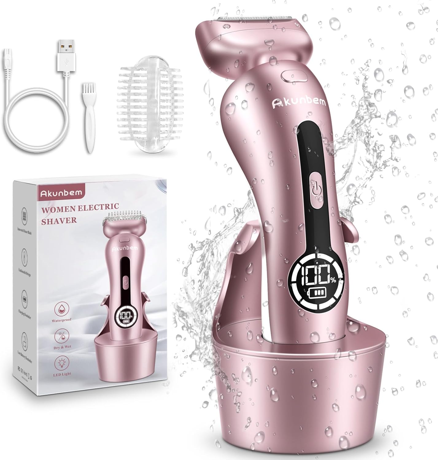 Akunbem Electric Shaver for Women for Legs Bikini Trimmer Electric Razors for Women Underarm Public Hairs Rechargeable Womens Shaver Wet Dry Use Painless Cordless with Detachable Head (Pink)