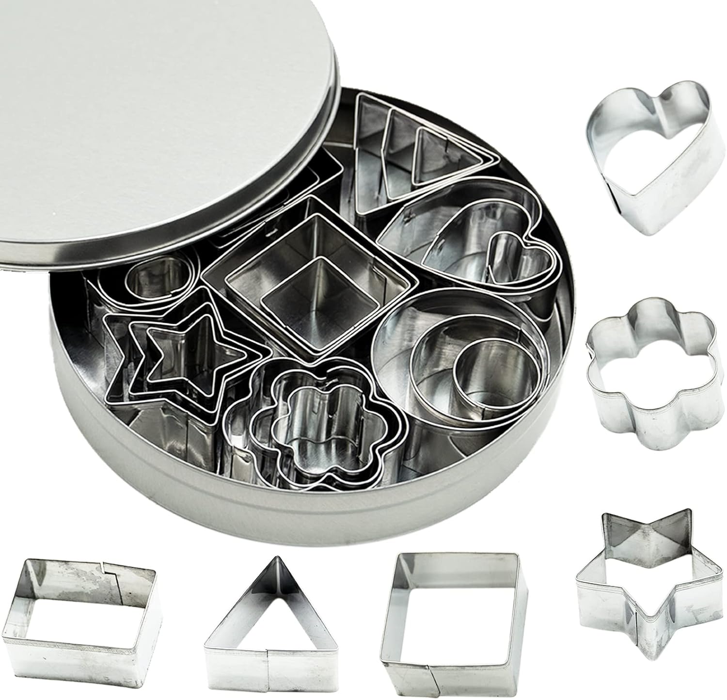 SZXMDKH Cookie Cutter Set 24Pcs Mini Biscuit Pastry Cutters Stainless Steel Heart Star Circle Round Flower Shapes Pastry Baking Mould for Cookie Fondant Cake Decorating