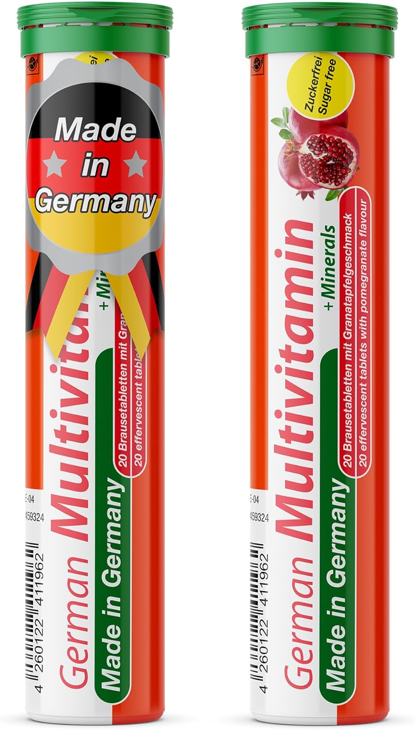 T&D German Multvitamin + Minerals 10 Vitamins 2 Minerals - 40 Vegan Drink Effervescent Tablets - Pomegranate Flavor - Made in Germany