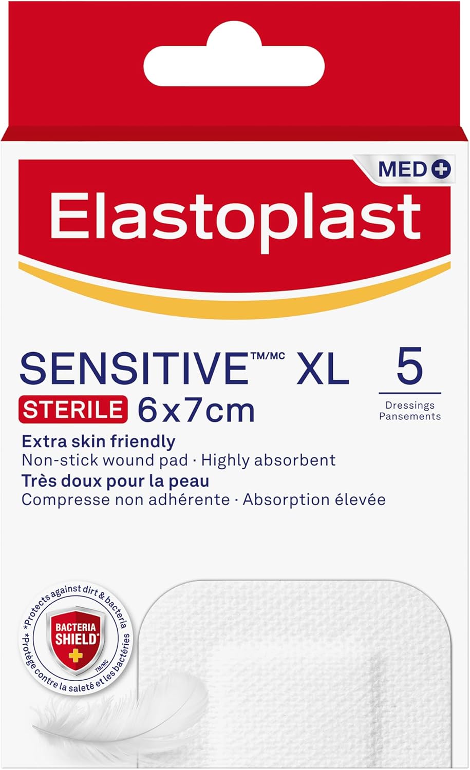 Elastoplast Sensitive XL Med+ Dressings (5 Plasters), Pack of First Aid Plasters, Large Everyday Plasters for Post-Operative Wounds, Skin-Friendly Sterile Dressings for Wounds, 0% Latex, White