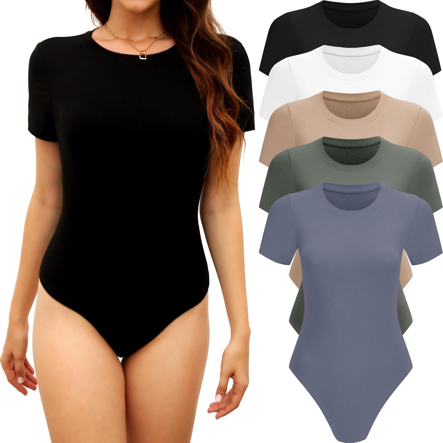 5 Pack Short Sleeve Bodysuits - Women's Crew Neck T Shirt Bodysuits for Daily Casual Wear