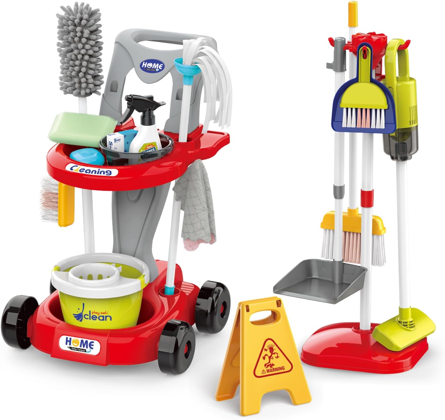 Kids Cleaning Set Age 3+ for Kids Pretend Play Housekeeping Supplies Kits with Real Working Vacuum Cleaner, Broom, Spray Bottle, Dust Pan and More Role Play Educational Toys for Boys Girls (Red)