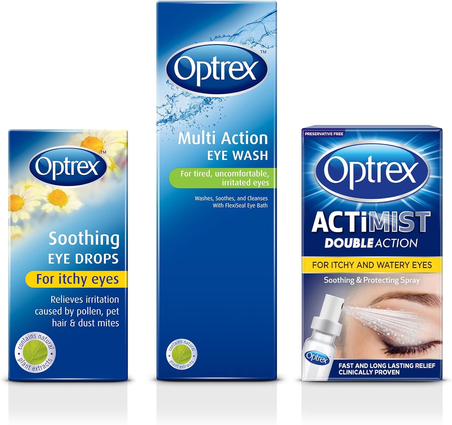 Optrex Itchy Eye Relief Set: Double Action Drops 10ml, Multi-Action Wash Solution 300ml, Actimist Spray for Watery Eyes - Soothe & Refresh Sensitive Vision
