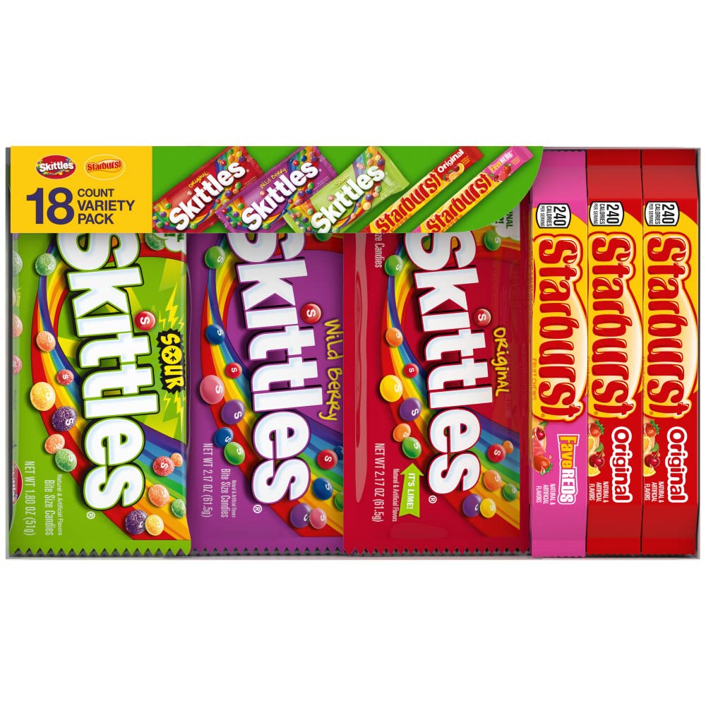 SKITTLES & STARBURST Variety Pack Full Size Chewy Candy Assortment, 37.05 oz, 18 Bars